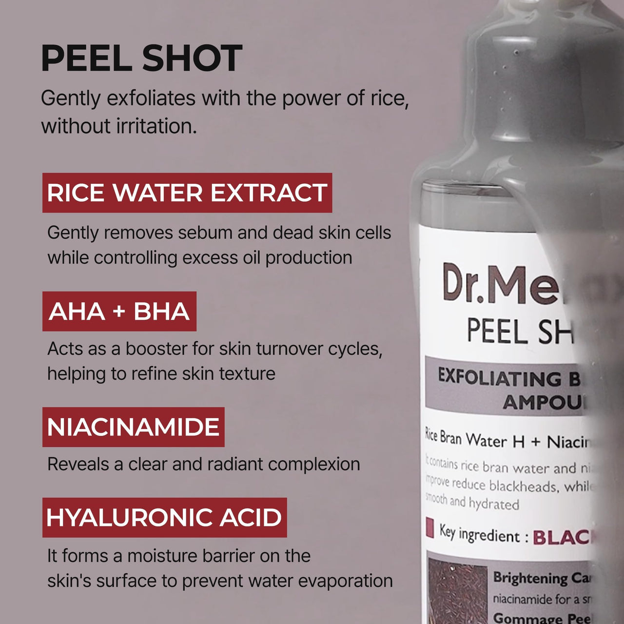 Dr.Melaxin Peel Shot Glow Black Rice Peeling Ampoule 80ml, Dead Skin Gentle Exfoliating Ampoule with Rice Water Extract, AHA BHA, Niacinamide, Daily Skin Texture Care, All Skin Types, Korean Skincare