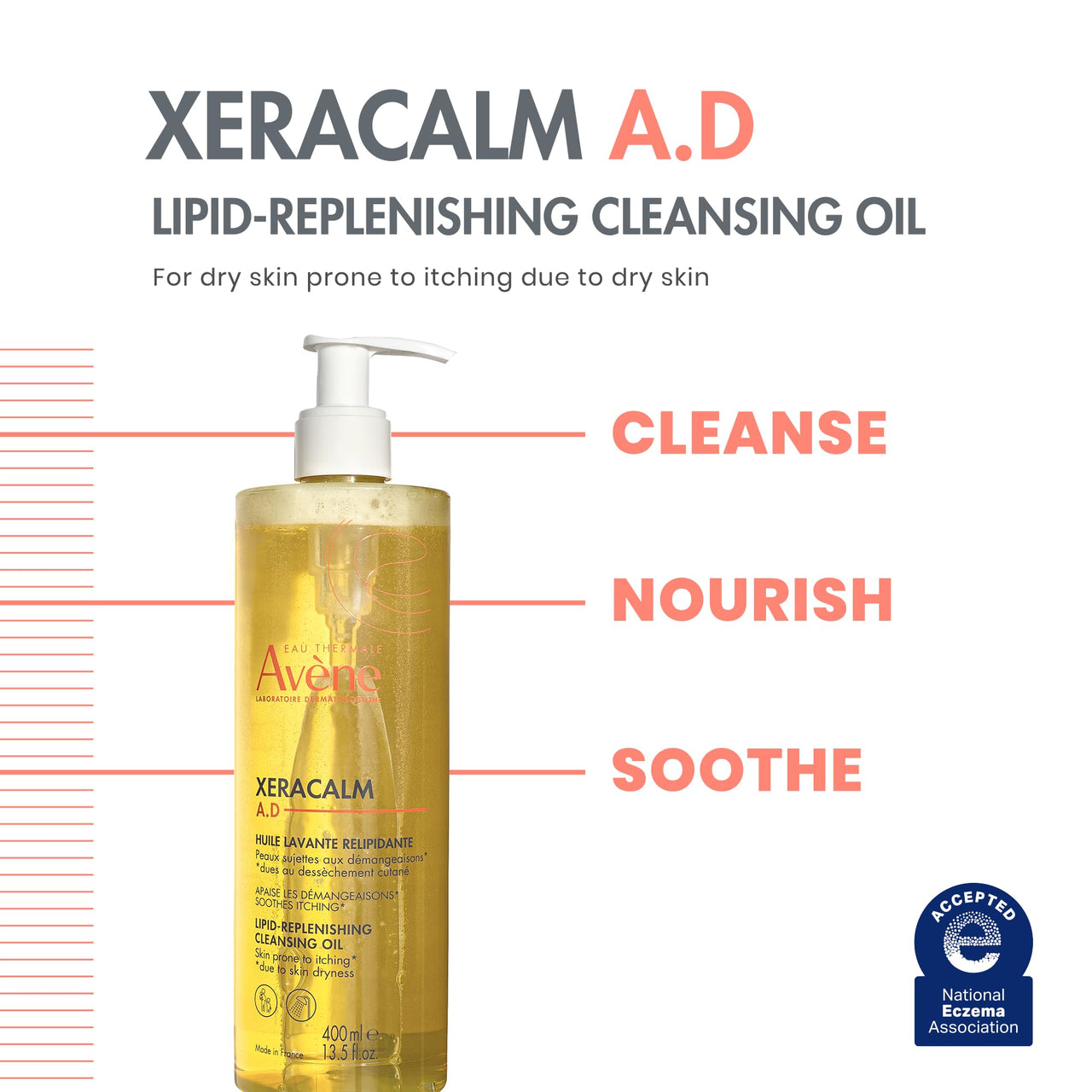 Avène XeraCalm A.D Lipid-Replenishing Cleansing Oil, Atopic Dermatitis, Eczema-Prone, Fragrance-Free, Pump, 13.5 oz.