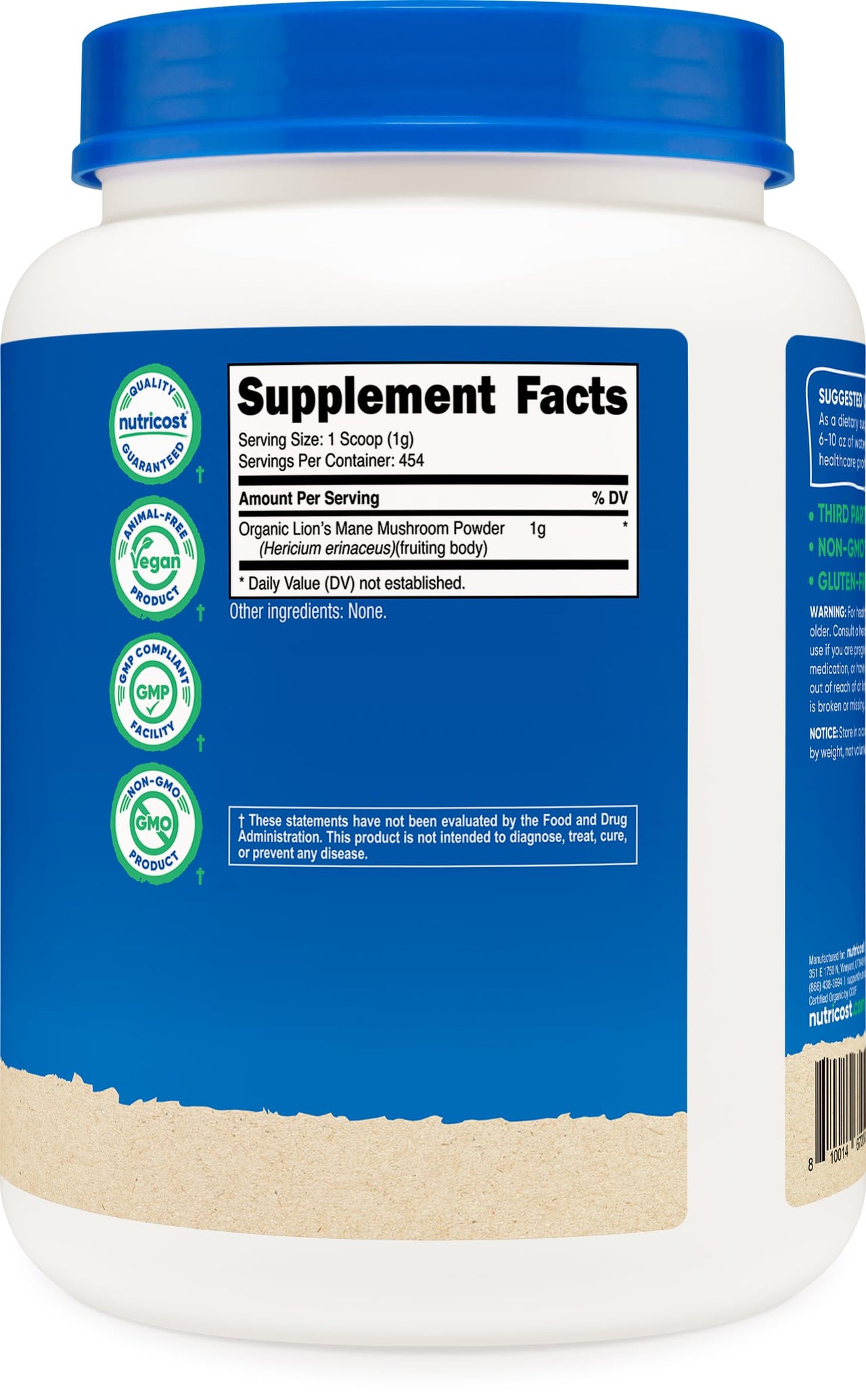 Nutricost Organic Lion's Mane Mushroom Powder 1LB - Certified USDA Organic