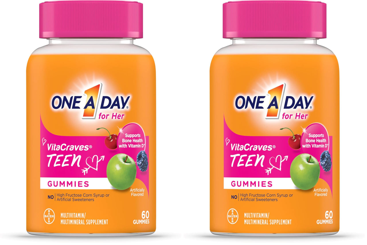 ONE A DAY Teen for Her Multivitamin Gummies, Gummy Multivitamins with Vitamin A, C, D, E and Zinc for Immune Health Support, Physical Energy & More, 60 Count (Pack of 2)