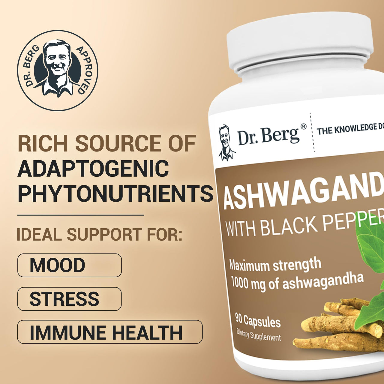 Dr. Berg Ashwagandha Capsules 1000mg - Includes Ashwagandha Root with Black Pepper from Bioperine - Ashwagandha Supplements 90 Capsules