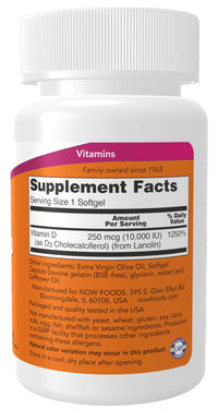 Thumbnail for NOW Foods Supplements, Vitamin D-3 10,000 IU, Highest Potency, Structural Support*, 120 Softgels