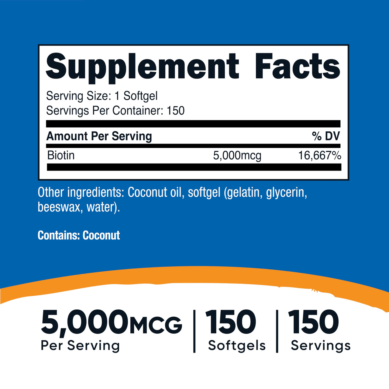 Nutricost Biotin (5,000mcg) 150 Softgels - Vitamin B7 - Gluten Free, Non-GMO