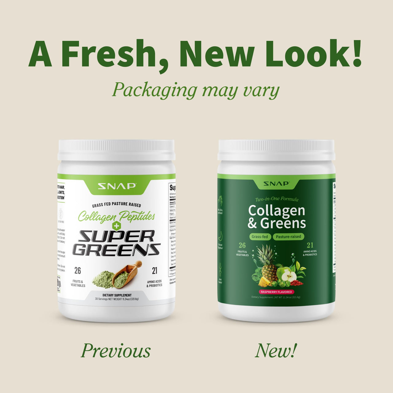 Snap Supplements Super Greens Powder with Collagen Peptides, 26 Fruits and Vegetables, Grass Fed, Non-GMO Daily Greens for Hair, Skin, Nails & Joint Support, 11.34 oz, (30 Servings, 1 Month Supply)