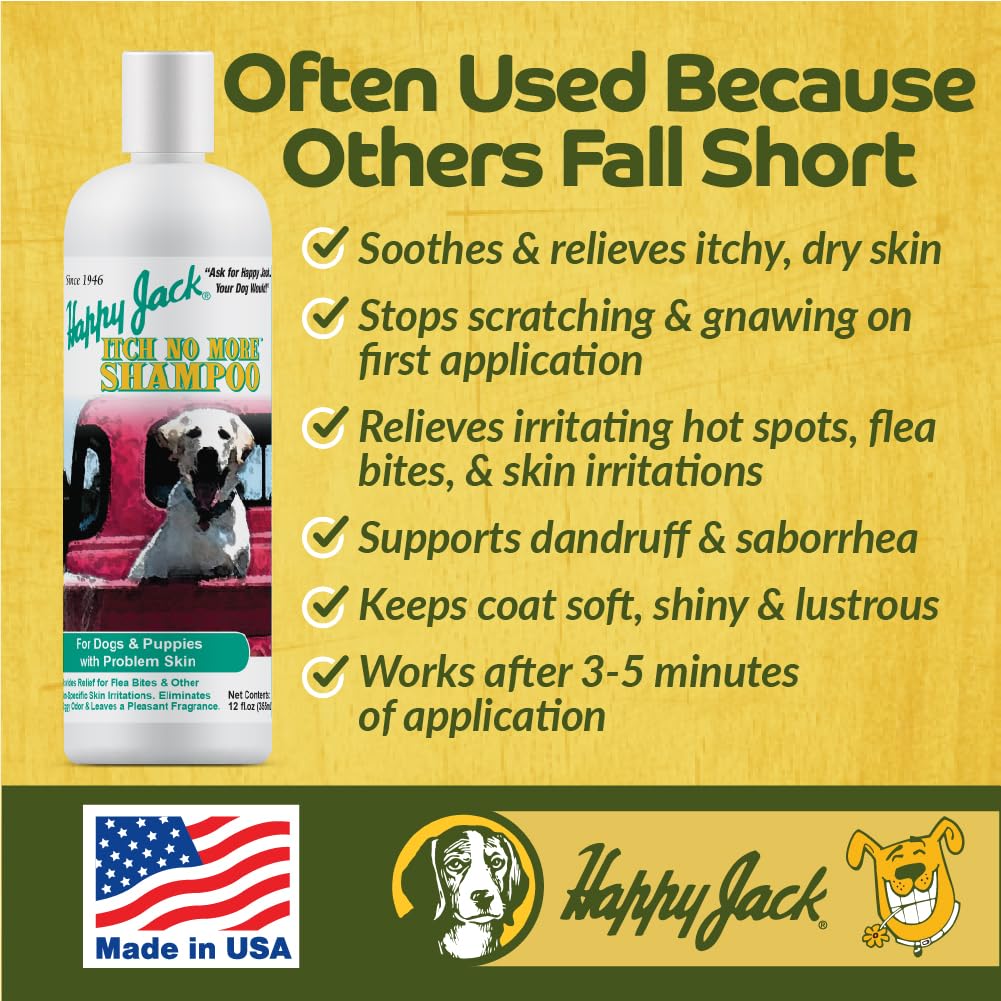 Happy Jack Itch No More Dog Itchy Skin Shampoo & Treatment (12 oz), Flea Bites, Allergies & Itch Relief, Stops Itching, Scratching & Gnawing on First Application for Healthy Dog Skin & Coat
