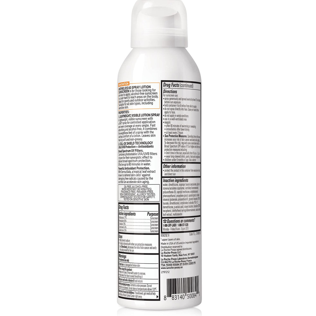 La Roche-Posay Anthelios Ultra-Light Sunscreen Spray Lotion SPF 60, Spray Sunscreen For Face & Body, Broad Spectrum SPF + Antioxidants, Oil Free, Alcohol Free, Water Resistant 80 Min., 5 Fl. Oz.