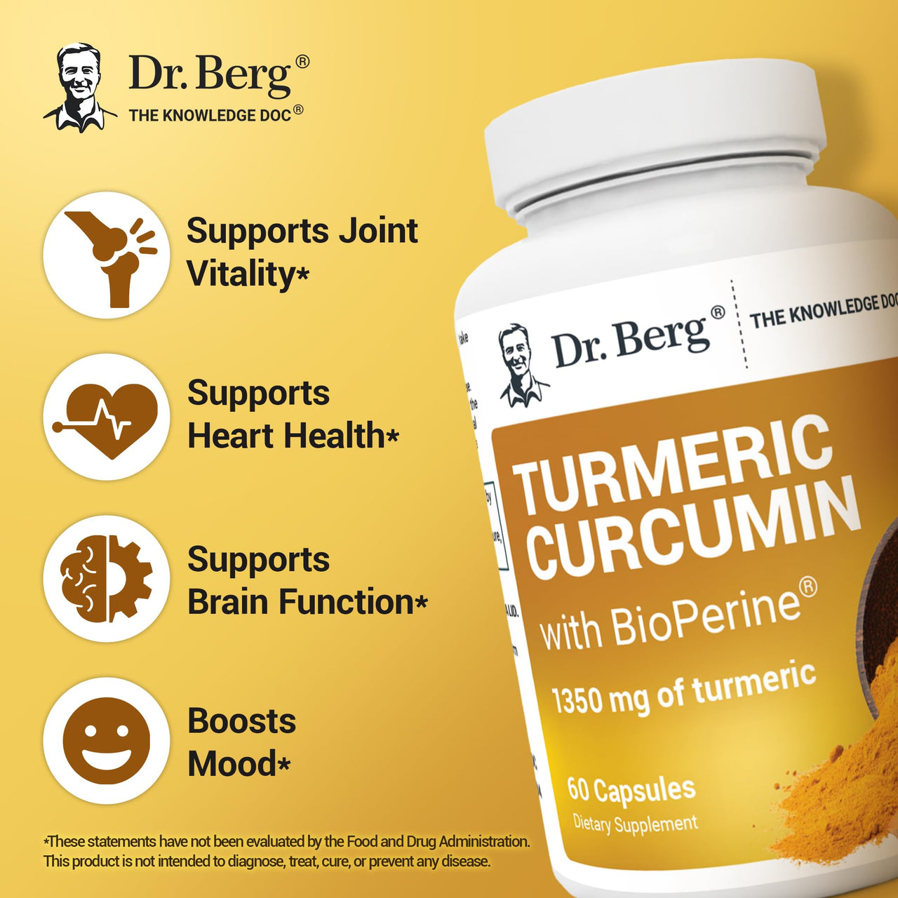 Dr. Berg (Only 2 Per Day) Turmeric Supplement with Black Pepper (BioPerine) - 1350 mg Turmeric Curcumin Supplement with 95% Curcuminoids – Turmeric Curcumin with Black Pepper – 60 Turmeric Capsules