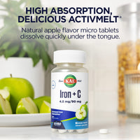 Thumbnail for KAL Iron C, 90 Tablets, 4.5 mg/90 mg, Natural Apple Flavor, Increased Absorption Iron Pills, Immune Support