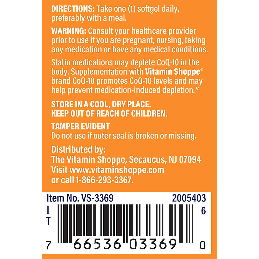 The Vitamin Shoppe CoQ-10 400mg - Beneficial for Those Taking Statins – Supports Heart & Cellular Health and Healthy Energy Production, Essential Antioxidant – Once Daily (30 Softgels)