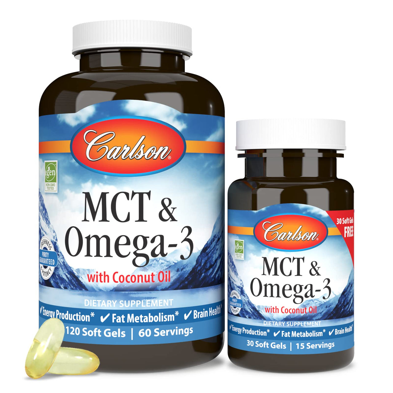 Carlson - MCT & Omega-3, Coconut Oil, Caprylic & Capric Acids, EPA & DHA, Energy Production, Fat Metabolism & Brain Health, 120+30 Softgels