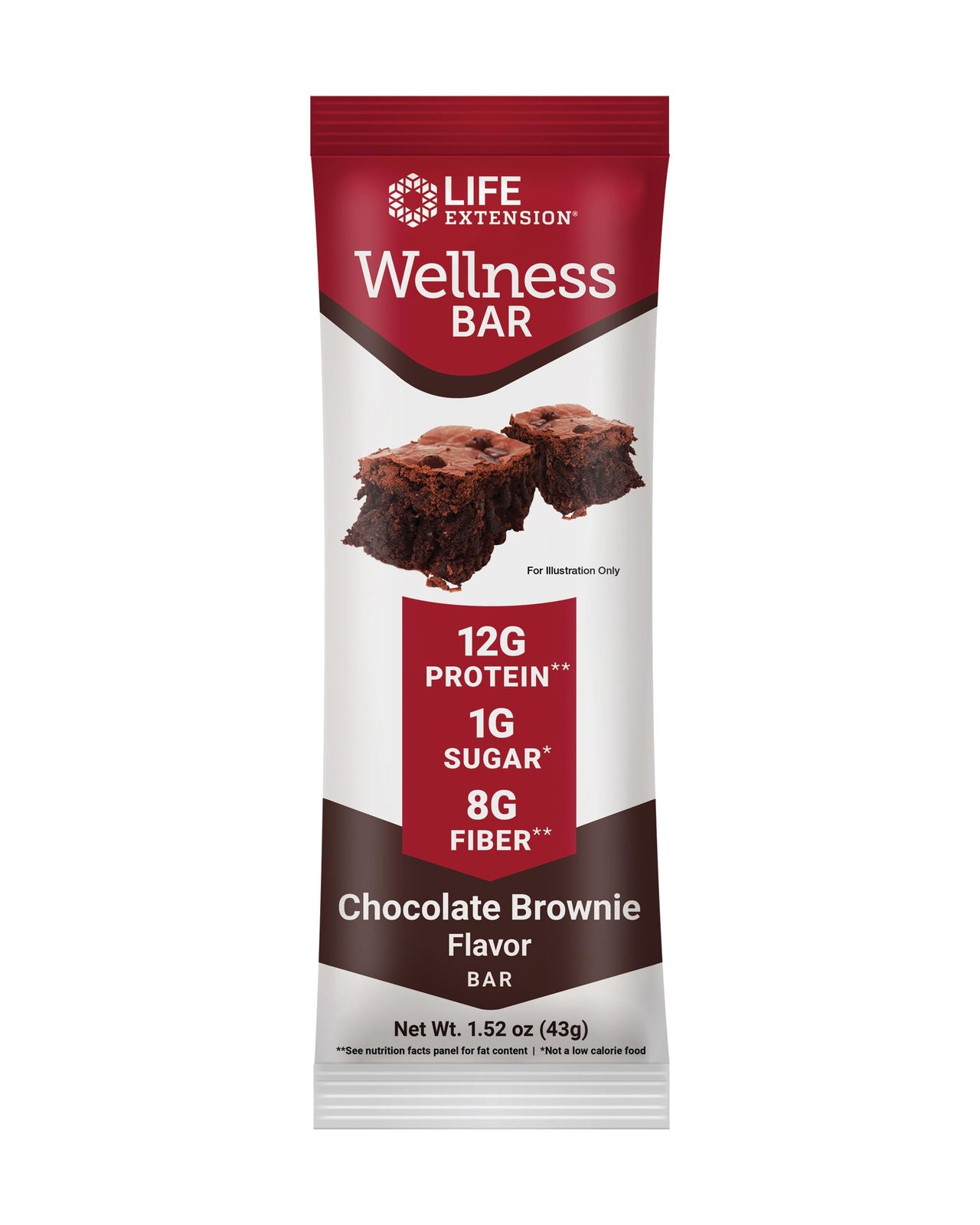 Life Extension Wellness Bar (Chocolate Brownie), 12 g of protein, 8 g of fiber, chocolate brownie flavor, 100% cacao chips, protein-rich, on-the-go snack, only 1 g of sugar, 6 bars