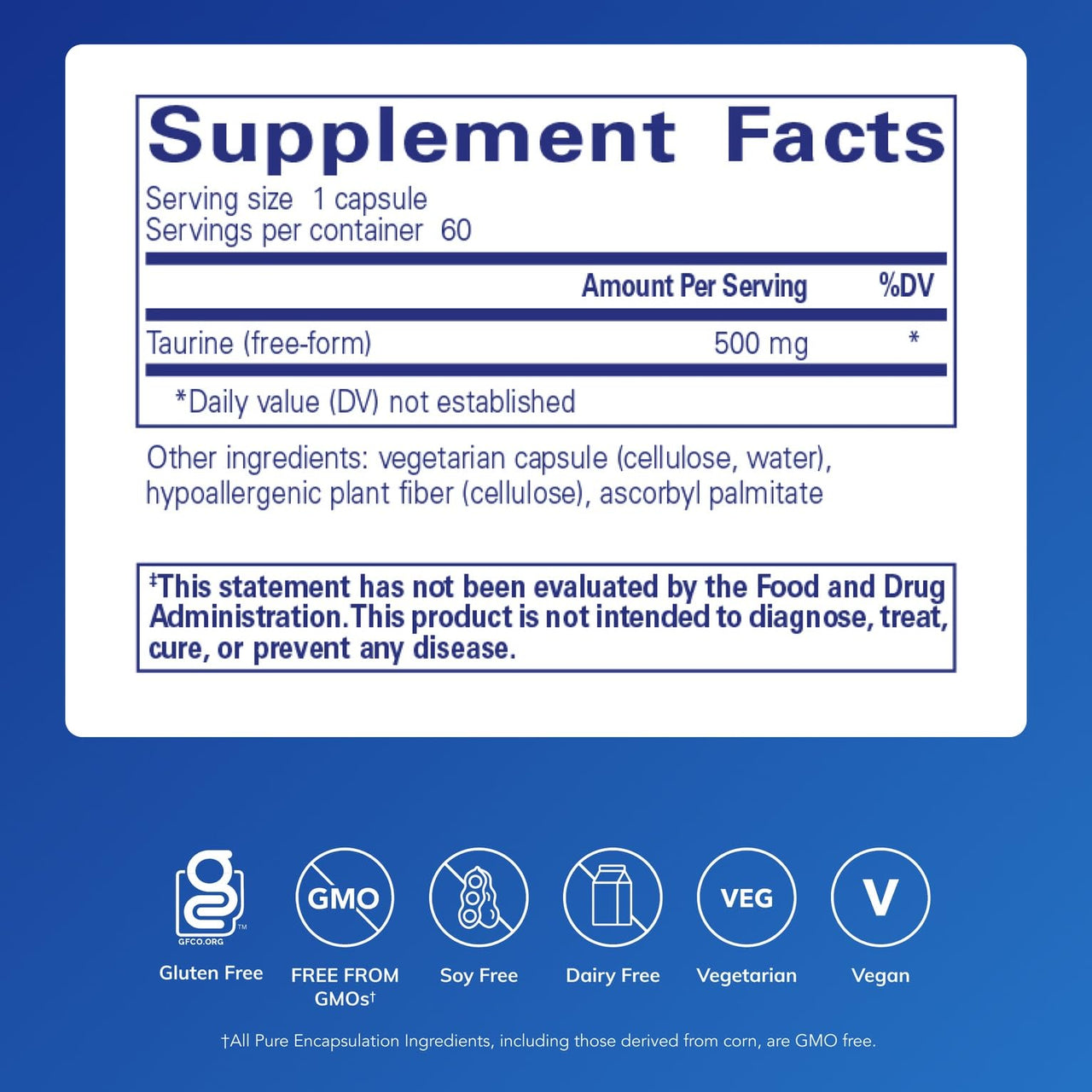 Pure Encapsulations Taurine 500 mg | Amino Acid Supplement for Liver, Eye Health, Antioxidants, Heart, Brain, and Muscles* | 60 Capsules