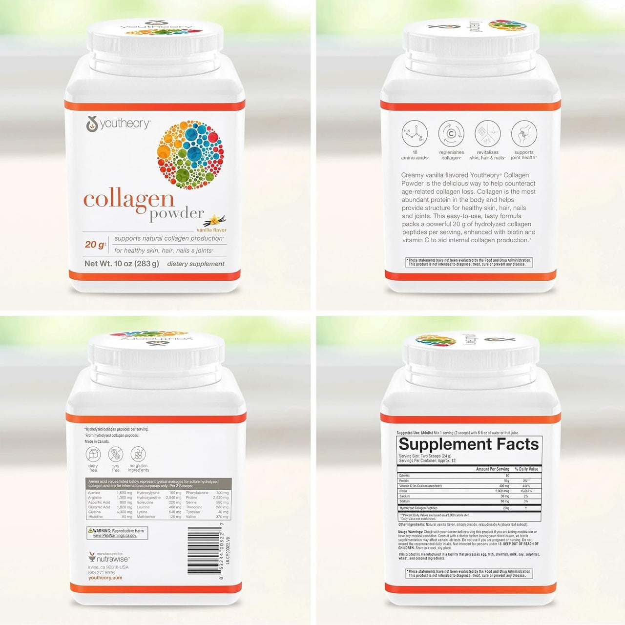 Youtheory Collagen Powder - Hydrolyzed Collagen Peptides with Vitamin C - Supports Healthy Bones, Joints & Immune System* - Vanilla - 10 oz (12 Servings)