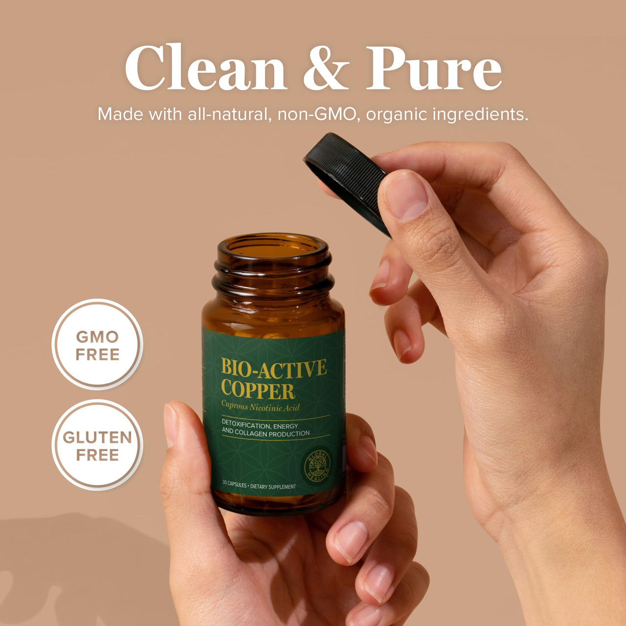 Global Healing Bio-Active Copper Supplement Cu1 - Cuprous Nicotinic Acid Helps Detox Body from Within - Supports Immune System & Red Blood Cell - Niacin Vitamin B3 Chelated Copper - 30 Capsules