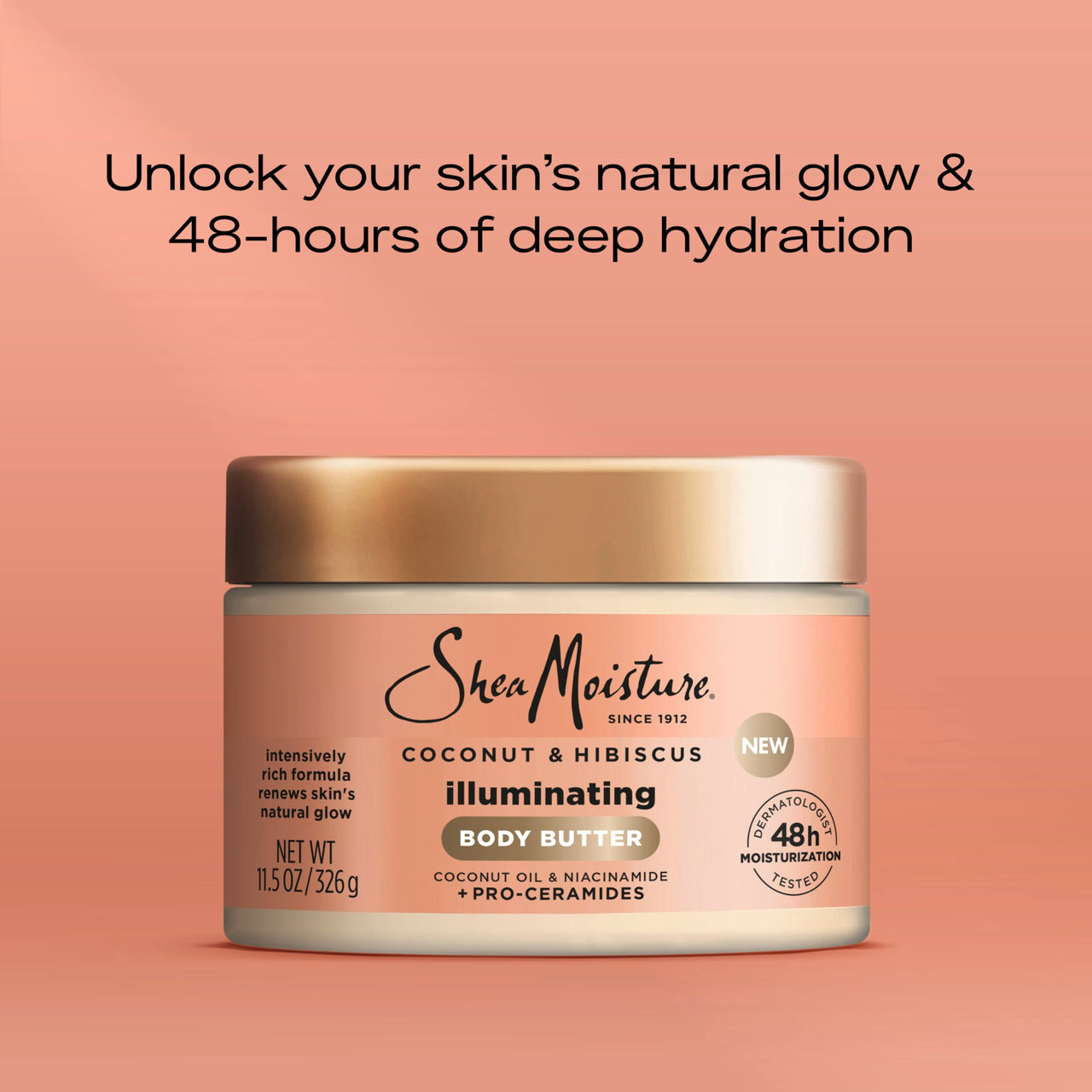 SheaMoisture Illuminating Body Butter with Coconut & Hibiscus, Niacinamide and Pro-Ceramides, Renewing Skin’s Natural Glow, 48H Moisturizing 11.5 oz