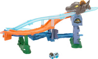 Thumbnail for Hot Wheels Toy Car Track Set, RacerVerse Jurassic World Crash & Splash Playset with Die-Cast Velociraptor Vehicle, Dinosaur Race with Spinosaurus