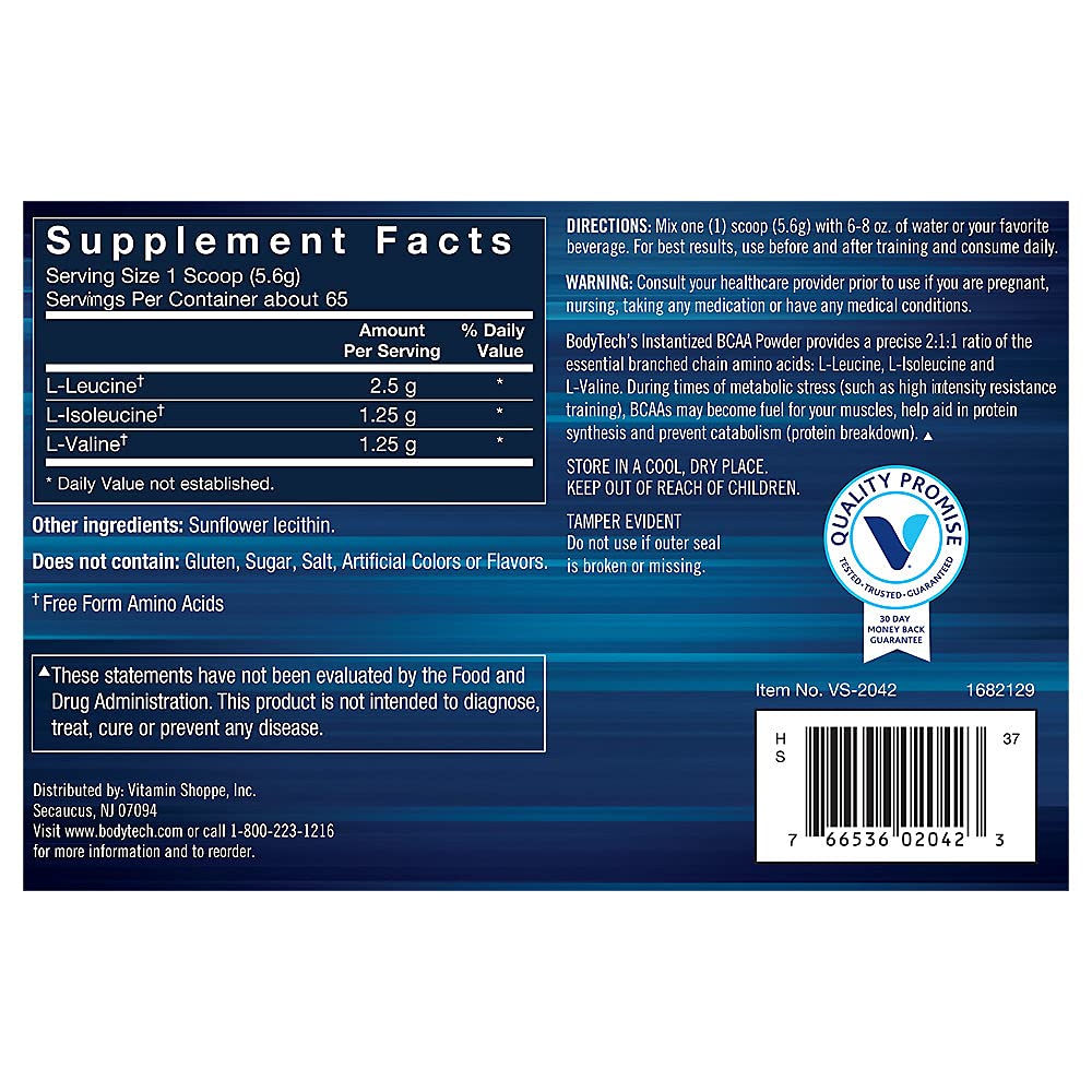BodyTech BCAA (Branched Chain Amino Acid) Unflavored - Optimal 2:1:1 Ratio - Supports Muscle Recovery & Endurance (12.5 Ounce Powder)