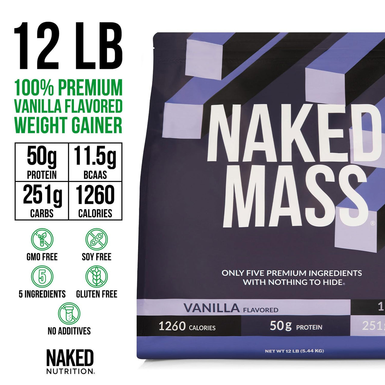 NAKED Vanilla Mass Gainer 12LB (17 Servings) Pure Micronized Creatine Monohydrate 500g (100 Servings) – Bulk; Non-GMO; Gluten Free; Soy Free; Unflavored