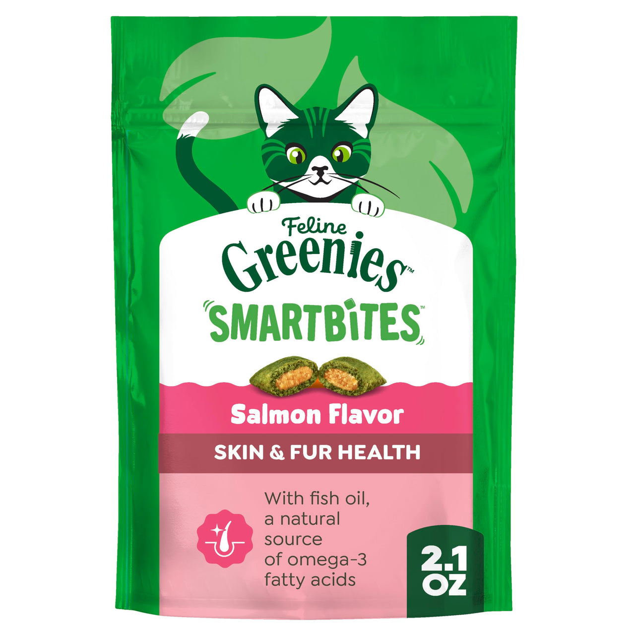 Greenies Cat Treats, Feline Smartbites, Skin & Fur Health, Crunchy and Soft Cat Treats, Salmon Flavor, 2.1 oz. Pack