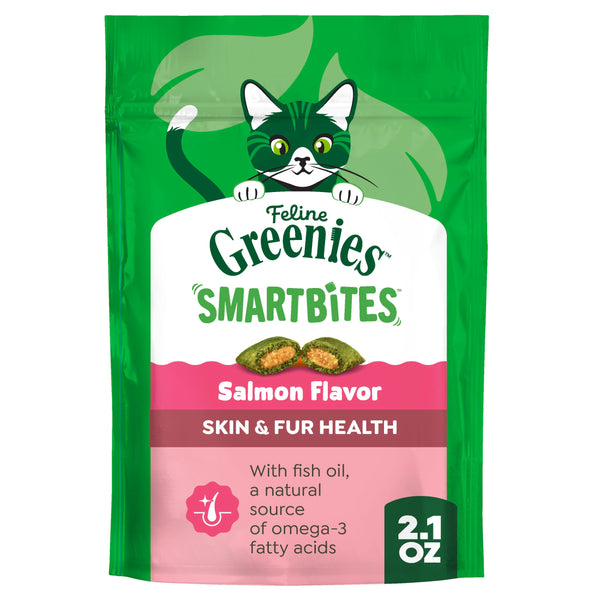 Greenies Cat Treats, Feline Smartbites, Skin & Fur Health, Crunchy and Soft Cat Treats, Salmon Flavor, 2.1 oz. Pack
