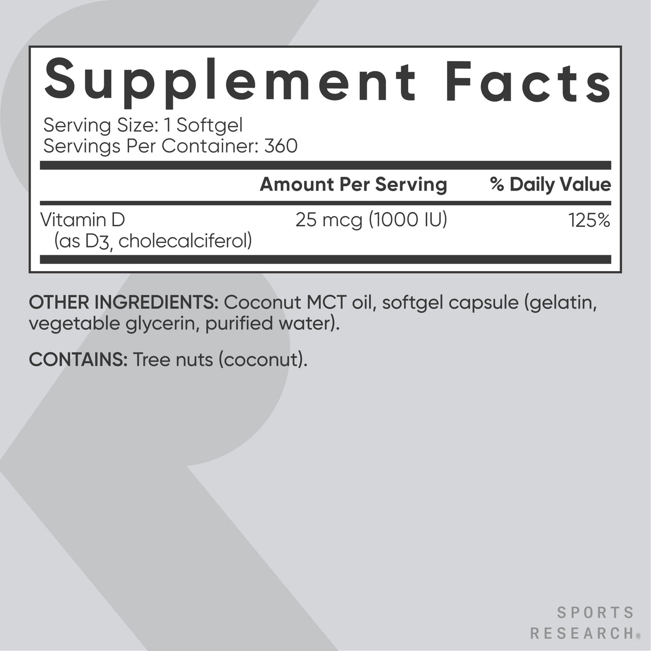 Sports Research® Vitamin D3 1000 IU with Coconut MCT Oil - High Potency Vitamin D Supplement for Immune & Bone Support - Gluten Free · Non-GMO · Soy Free - 360 Count Softgels