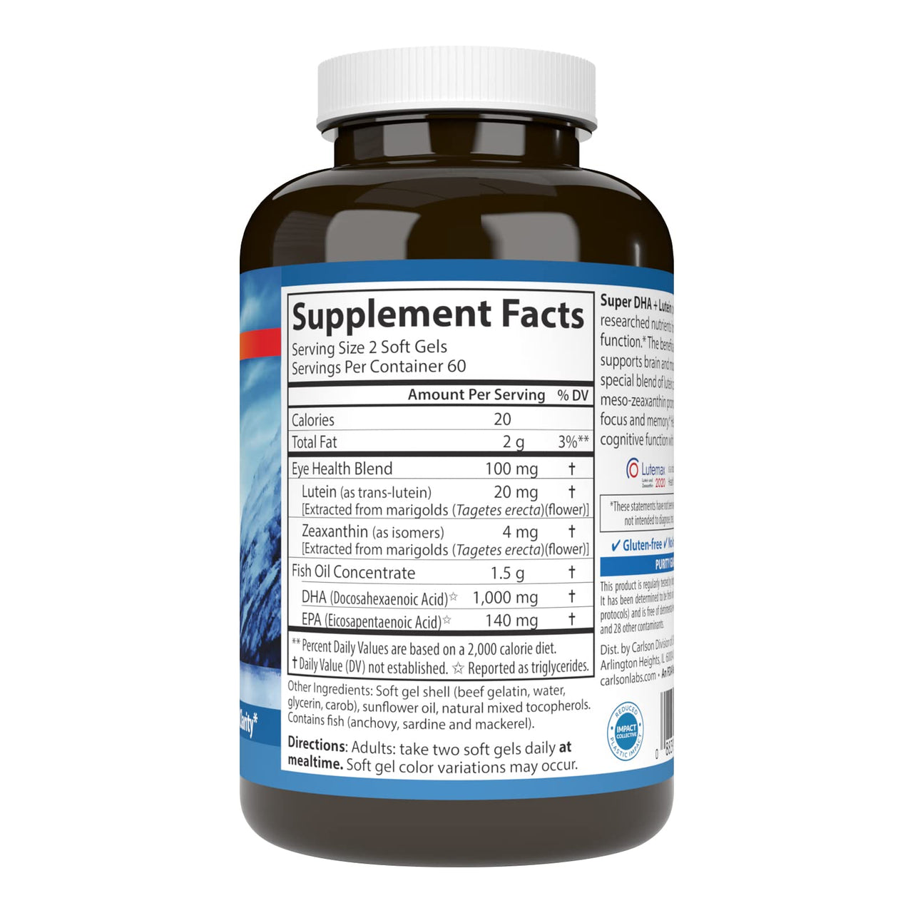 Carlson - Super DHA Plus Lutein, 1000 mg DHA + 20 mg Lutein, 120 Softgels