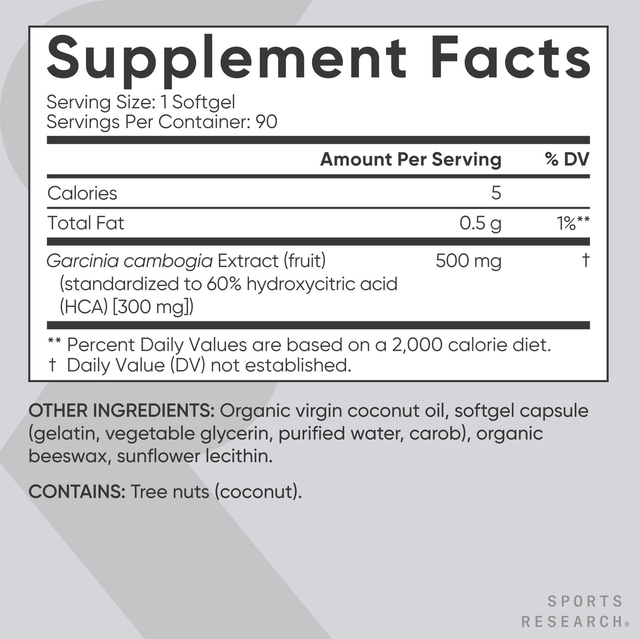 Sports Research Garcinia Cambogia Extract (60% HCA) with Extra Virgin Organic Coconut Oil | Non-GMO, Soy & Gluten Free (90 Liquid Softgels)