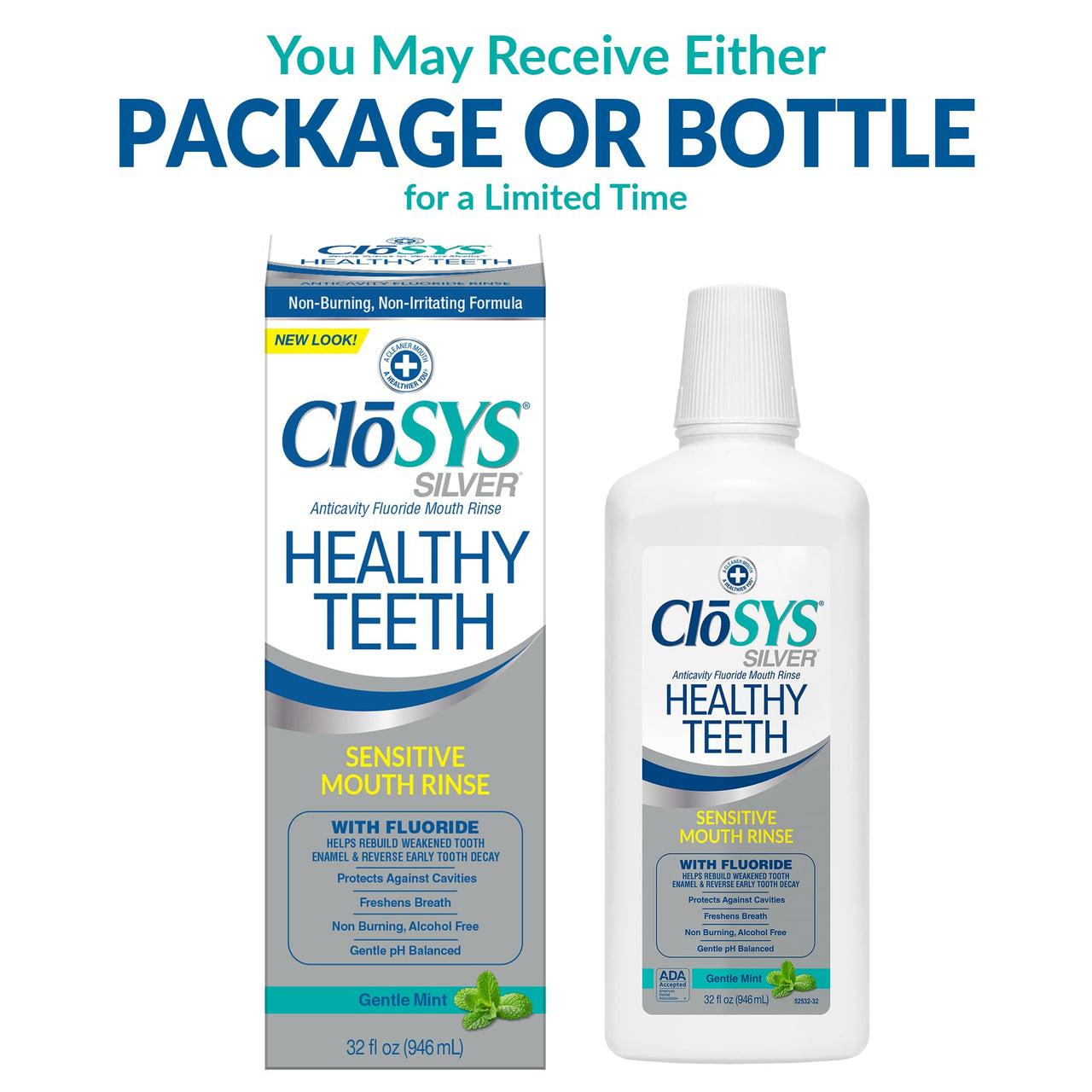 CloSYS Silver Healthy Teeth Anti-Cavity Oral Rinse, 32 Fl Oz, Fluoride Mouthwash For Adults, Non-Burning, Non-Irritating