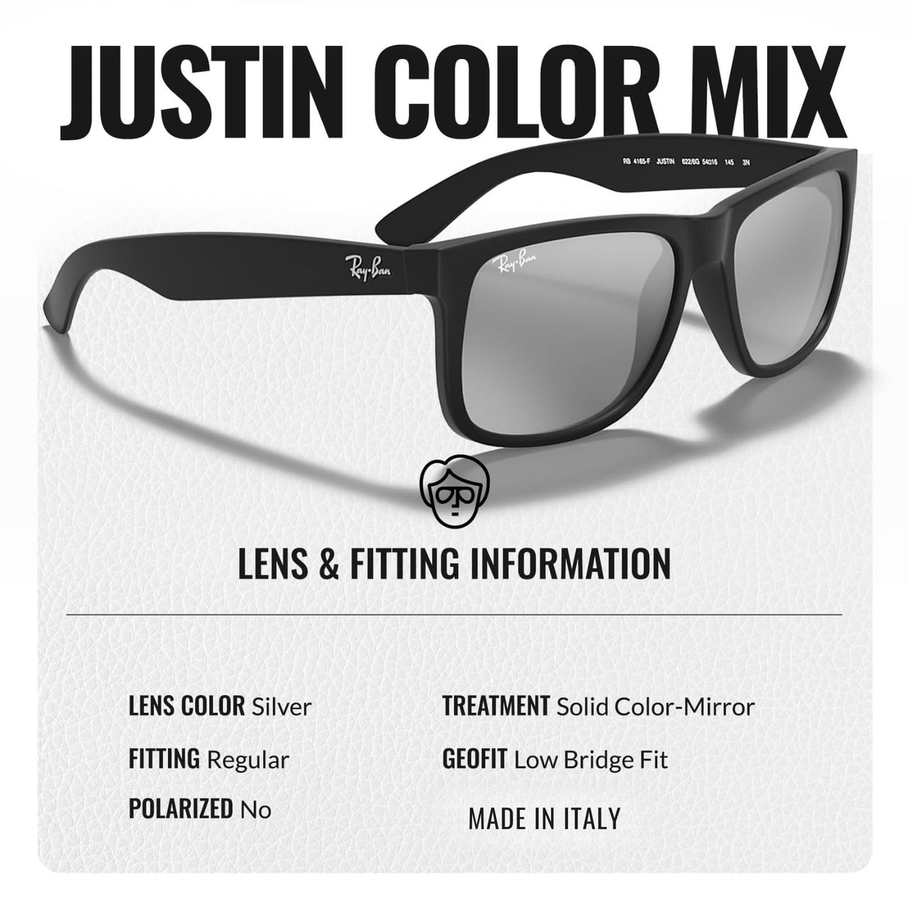 Ray-Ban RB4165F JUSTIN COLOR MIX Square Shaped Non-Polarized Sunglasses for Men – Includes Official RAYBAN Eyewear Kit – Ideal Formal & Casual Wear Sunglasses – Silver Lens