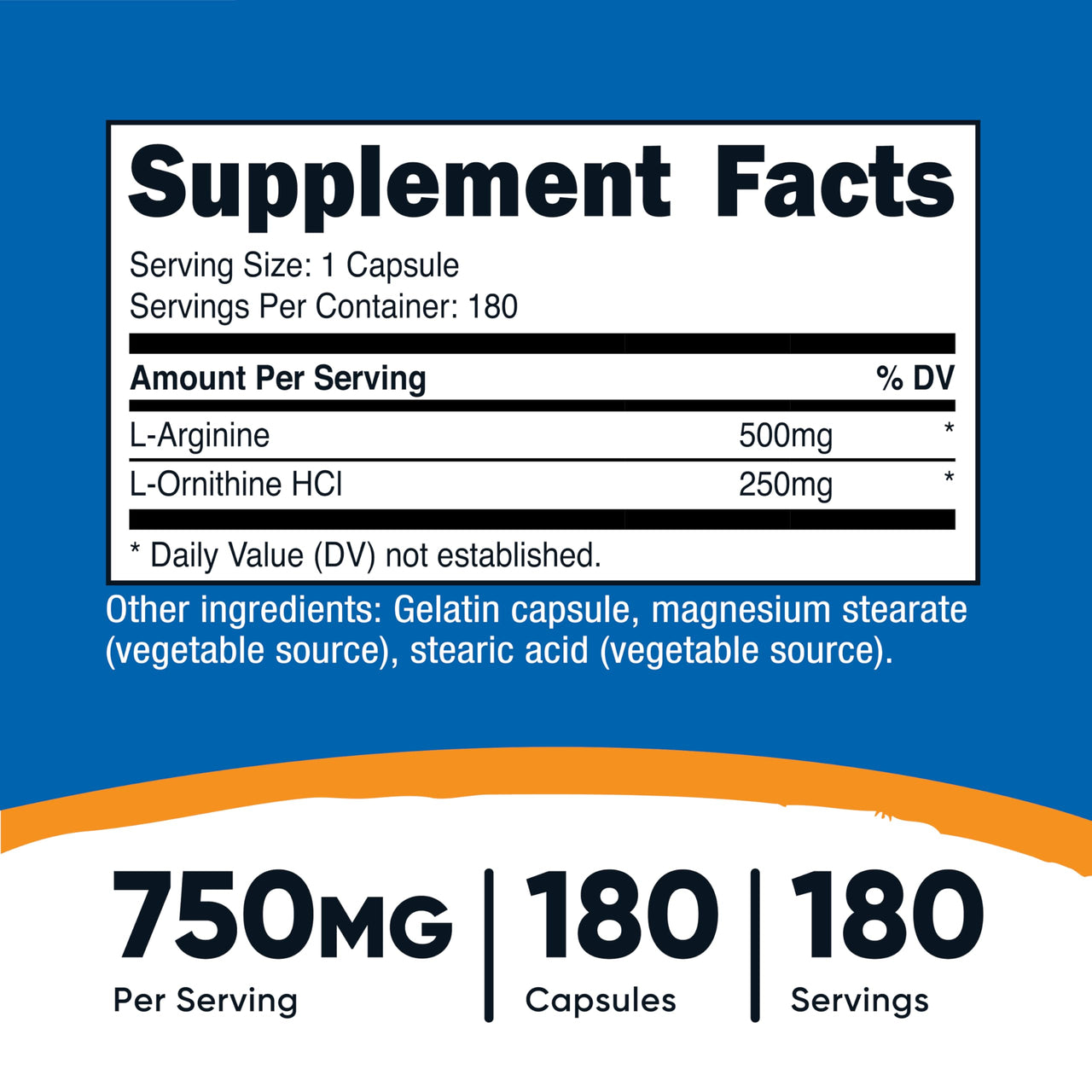 Nutricost L-Arginine L-Ornithine 750mg; 180 Capsules