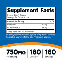 Thumbnail for Nutricost L-Arginine L-Ornithine 750mg; 180 Capsules