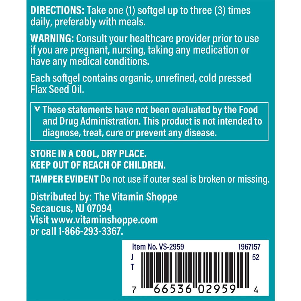 The Vitamin Shoppe Certified Organic Flax Seed Oil 1,000MG, (120 Softgels)