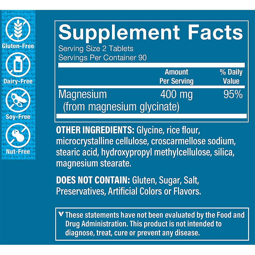 The Vitamin Shoppe Magnesium Glycinate 400MG - High-Absorption Formula to Support Energy Production, Promote Muscle Relaxation, and Enhance Heart Health for Overall Wellness (180 Tablets)