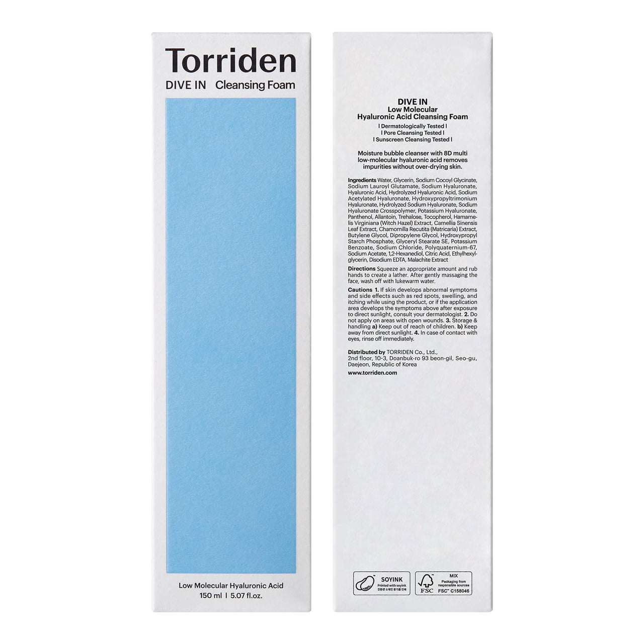 Torriden DIVE IN Cleansing Foam Face Wash 150ml (5.07 fl.oz.) | Hydrating Daily Facial Cleanser for All and Sensitive Skin | Hyaluronic Acid, Panthenol, Allantoin