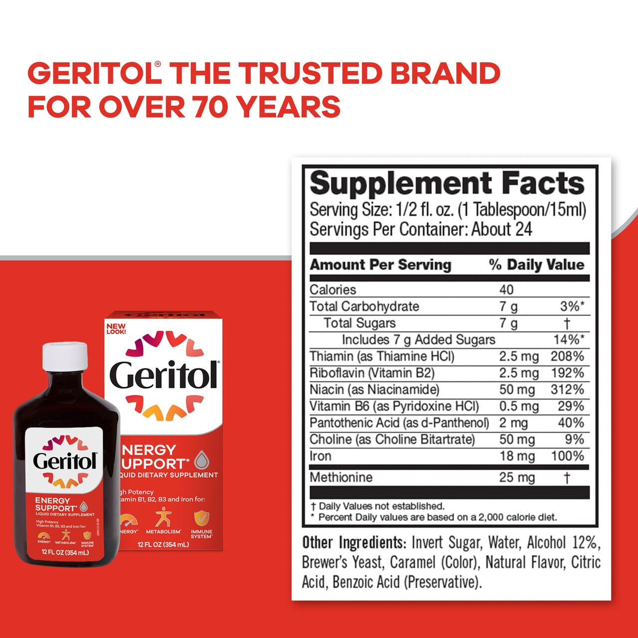 Geritol Liquid Vitamin and Iron Supplement, Energy Support, Contains High Potency B-Vitamins and Iron, Pleasant Tasting, Easy to Swallow, No Artificial Sweeteners, Non-GMO, 12 Oz