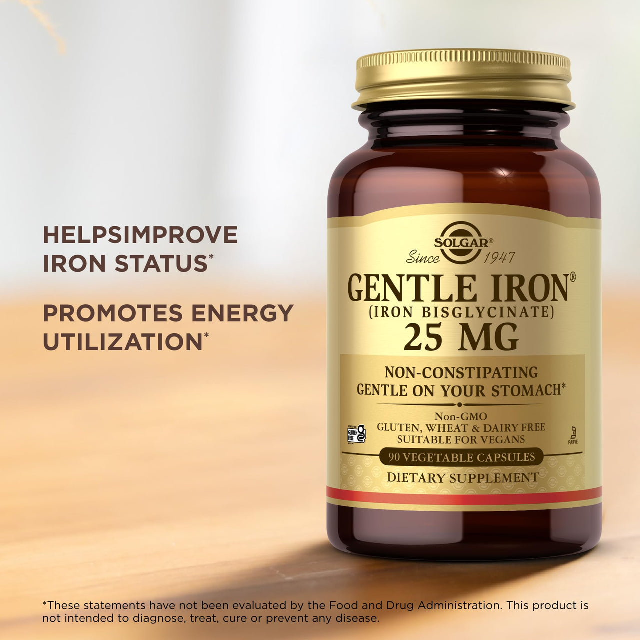 Solgar Gentle Iron (Iron Bisglycinate) 25 mg - 90 Vegetable Capsules - Non-Constipating, Gentle on Your Stomach - Non-GMO, Gluten Free - 90 Servings