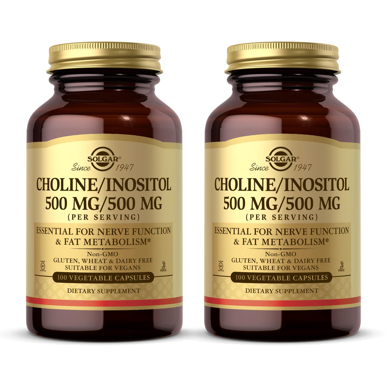 Solgar Choline/Inositol 500 mg/500 mg, 100 Vegetable Capsules (Pack of 2) - Energy Metabolism, Liver Health, Essential for Brain & Nerve Function - Non-GMO, Vegan, Kosher - 100 Total Servings