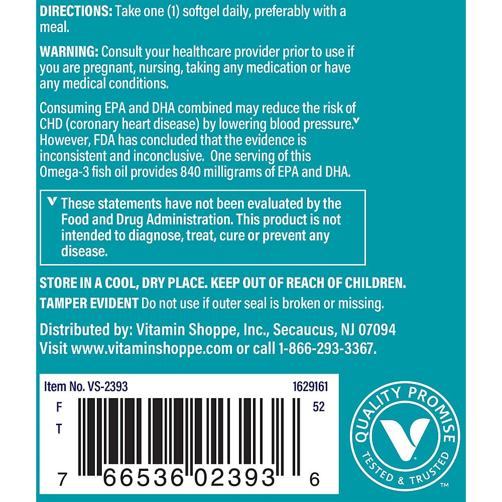 The Vitamin Shoppe Omega 3 Fish Oil 1100MG EPA DHA - Heart Health, Brain Function & Joint Support, Molecularly Distilled (60 Softgels)