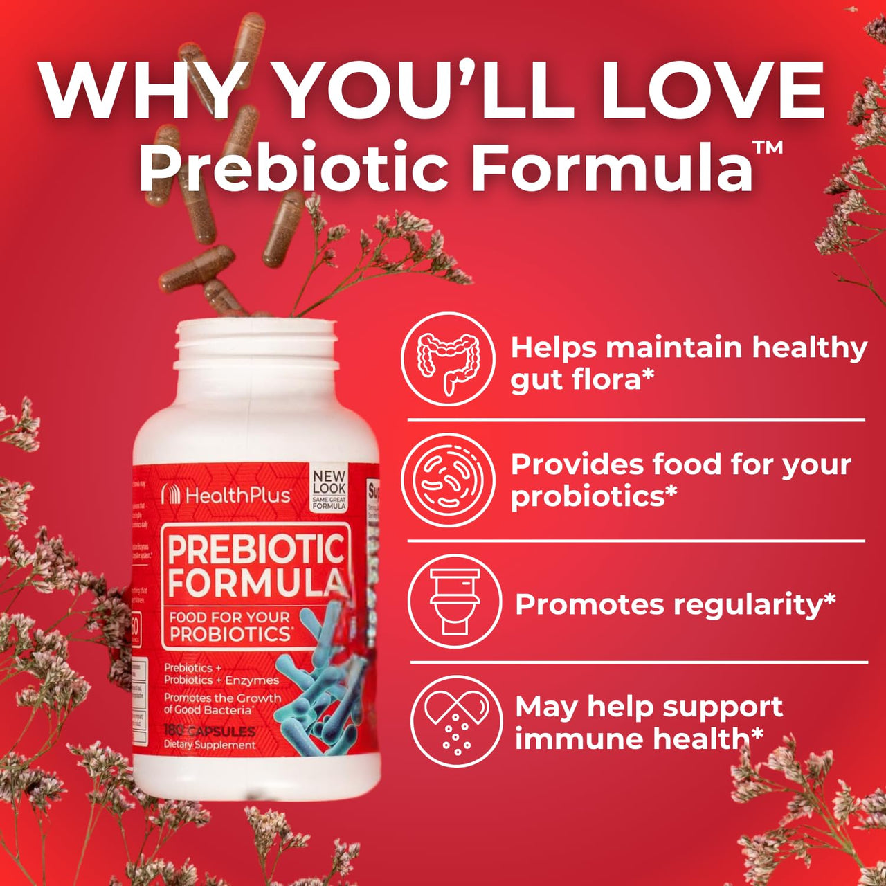Health Plus Prebiotic Formula - Probiotics + Prebiotics + Digestive Enzymes - Gluten Free, Dairy Free, Natural Herbal Ingredients (180 Capsules, 60 Servings)