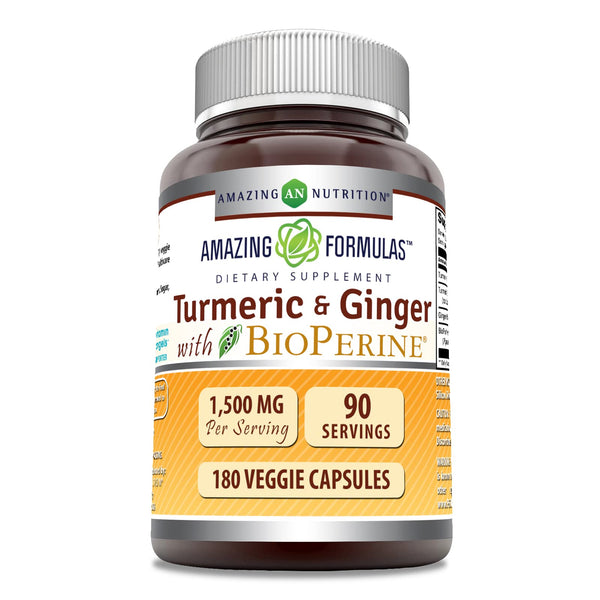 Amazing Formulas Turmeric Curcumin & Ginger with BioPerine Supplement | 1500 Mg Per Serving | 180 Veggie Capsules | Non-GMO | Gluten Free | Made in USA | Ideal for Vegetarians