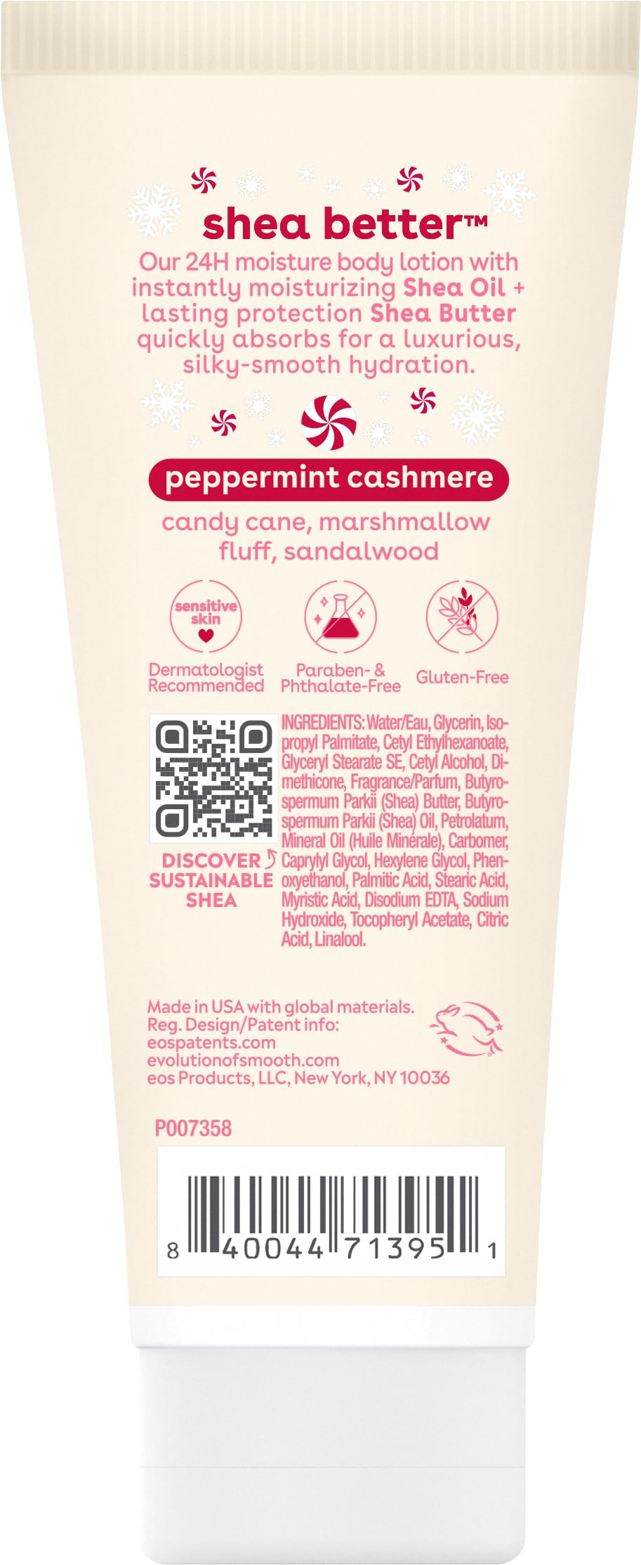 eos Shea Better Travel Size Body Lotion, Peppermint Cashmere, Holiday, Limited Edition Skin Care, 24-Hour Moisture, Body Lotion for Women, travel size toiletries, Vegan, 2.5 fl oz