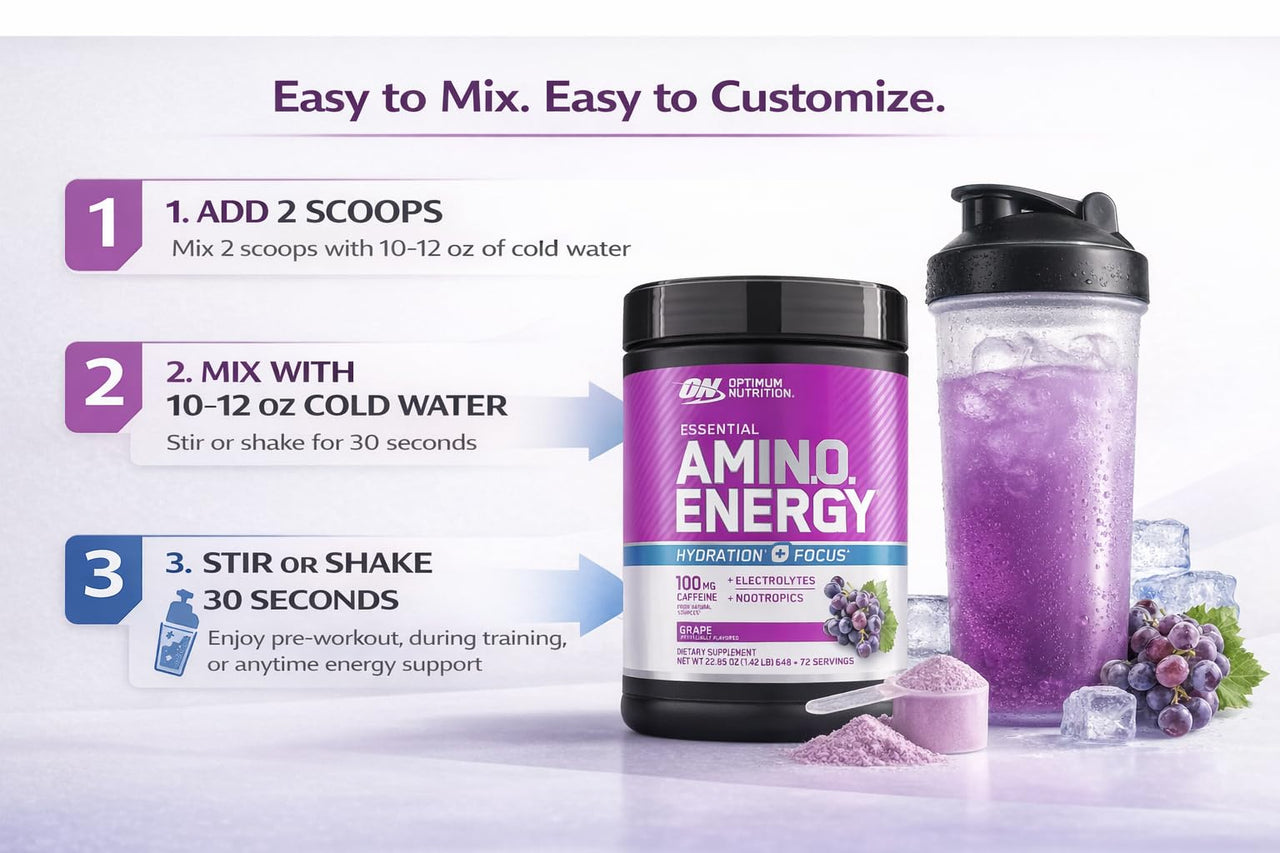 Optimum Nutrition Amino Energy Powder Plus Focus, with BCAA, Electrolytes, and Caffeine, Grape, 1.42 LB,72 Servings (Packaging May Vary)