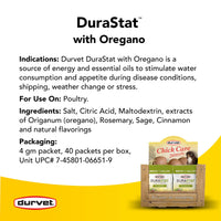 Thumbnail for Durvet DURASTAT with Oregano for Poultry - 4gm Packet, Box of 40 Packets