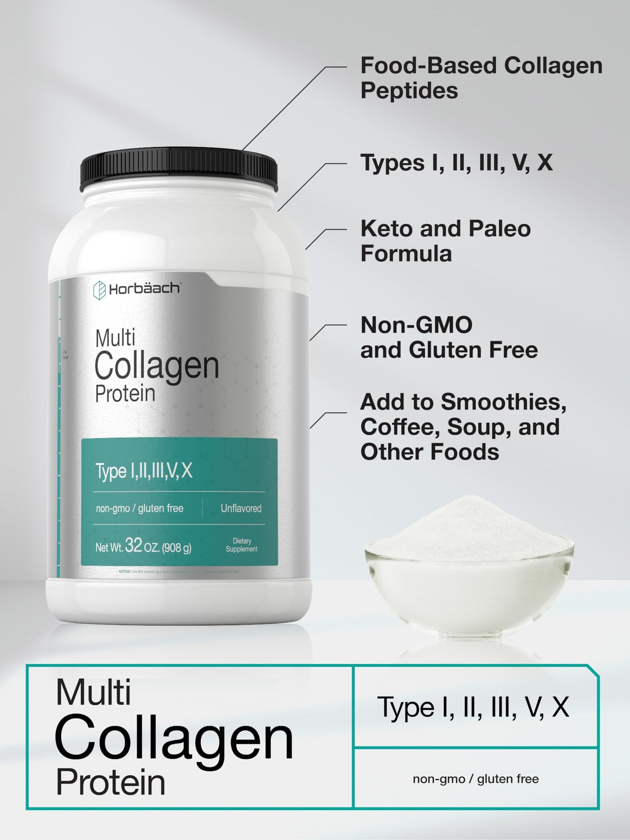 Horbaach Multi Collagen Protein Powder 32 oz | Type I, II, III, V, X | Hydrolyzed Collagen Peptides | Keto & Paleo Friendly | Unflavored & Gluten Free