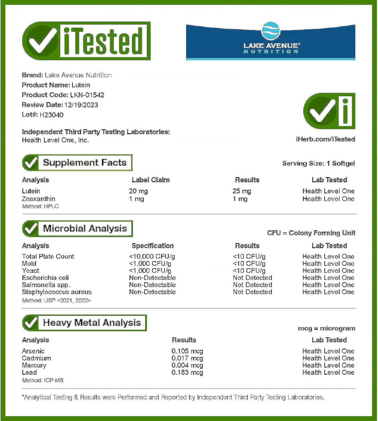 Lake Avenue Nutrition Lutein 20 mg Veggie Softgels