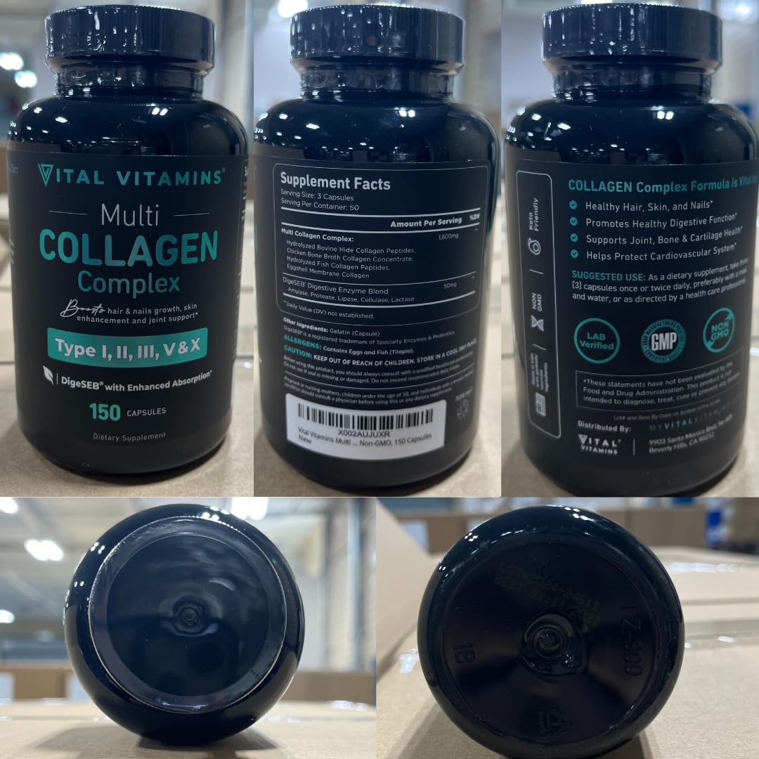 Vital Vitamins Multi Collagen Capsules - Type I, II, III, V, X - Grass-Fed, Collagen Peptides Supplements, Non-GMO - for Men & Women - 150 Count