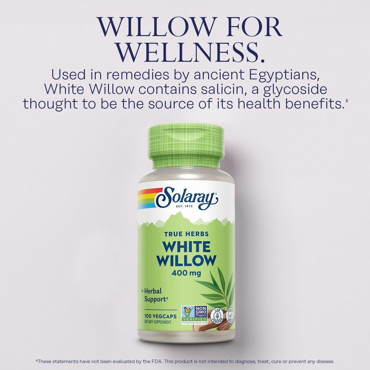 SOLARAY White Willow Bark Capsules 400 mg for Men & Women - Natural Herbal Supplement, White Willow Herb Caps for Wellness Support, Non GMO, Vegan - 100 Veg Caps