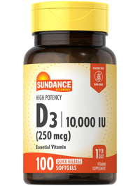 Thumbnail for Sundance Vitamin D3 10,000 IU (250 mcg) | 100 Softgels | High Potency Formula | Non-GMO and Gluten Free Supplement