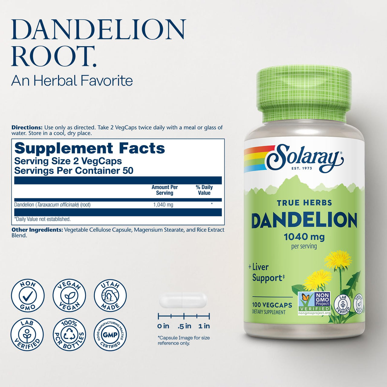 SOLARAY Dandelion Root Supplement - Healthy Kidney and Liver Support - 1,040 mg per Serving - Vegan, Lab Verified, 60-Day Guarantee - 50 Servings, 100 VegCaps