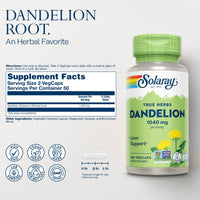 Thumbnail for SOLARAY Dandelion Root Supplement - Healthy Kidney and Liver Support - 1,040 mg per Serving - Vegan, Lab Verified, 60-Day Guarantee - 50 Servings, 100 VegCaps